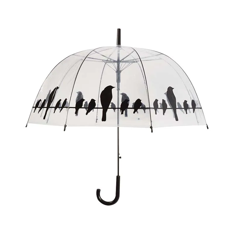 High Quality Durable Transparent Dome Shaped Umbrella With birds on wire Printed