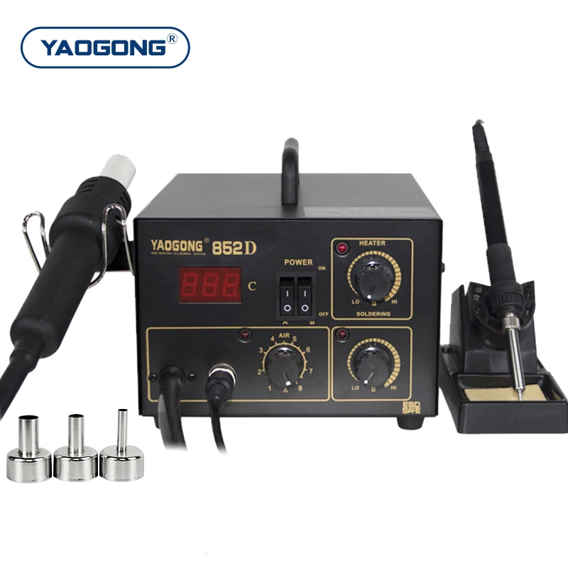 YAOGONG 852D SMD Rework Station Hot Air Diaphragm Pump ESD Soldering Iron Heat Gun BGA Welding Machine for Mobile Repair Tools