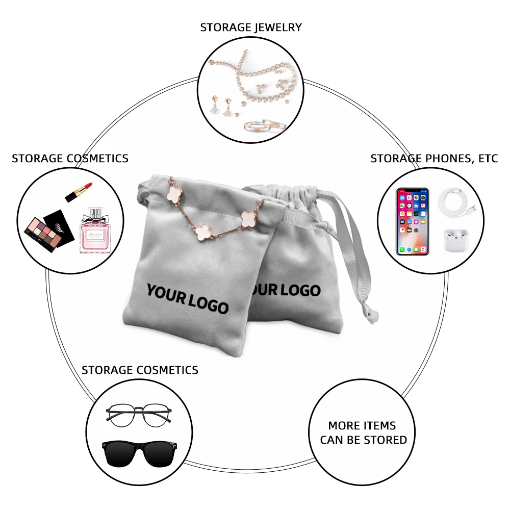 China Factory Earring Bracelet Necklace Ring Gift Jewelry Drawstring Bag Custom Logo Dust Suede Packaging Velvet Jewelry Pouch
