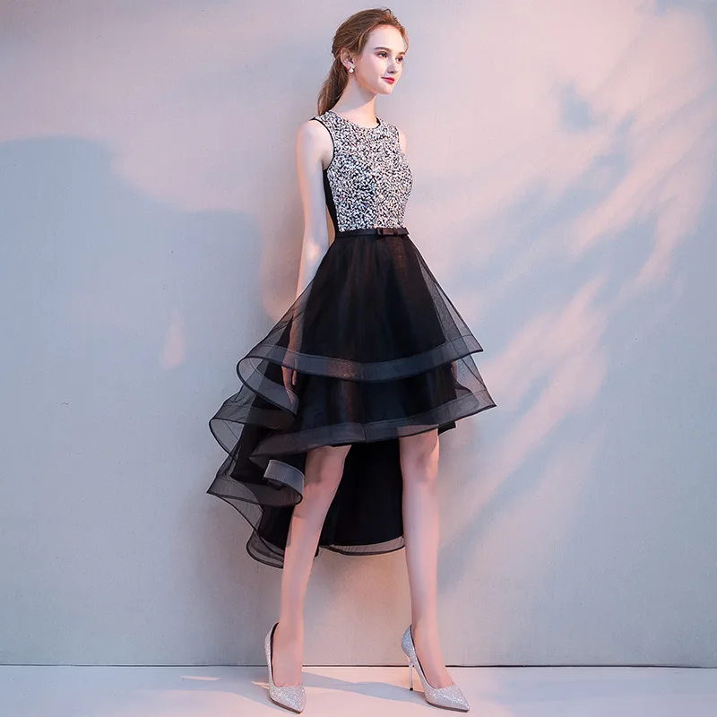 Factory sale princess little black dress elegant sequined A-line high-low evening dress