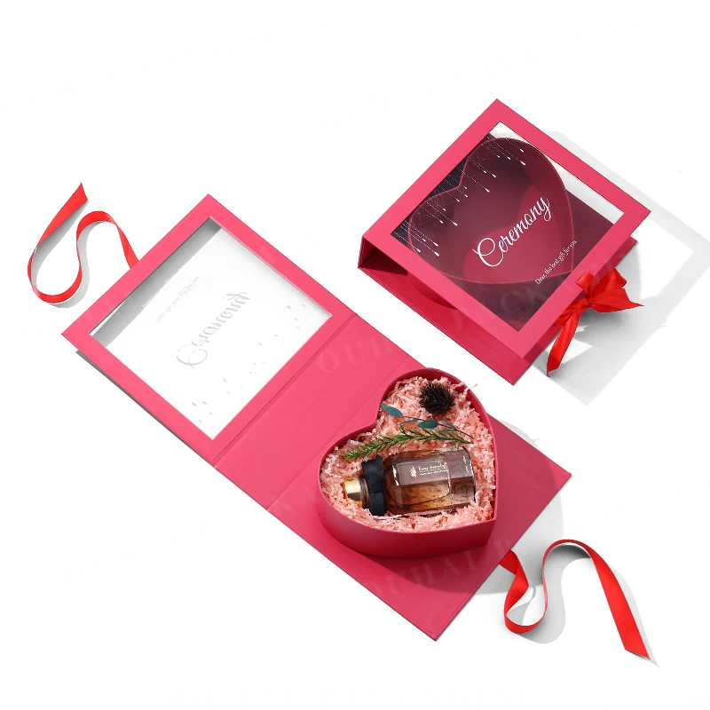 Custom Special Cardboard Packaging Boxes Clear Display Lid Flower Present Wrap Red Heart Shaped Gift Box with Transparent Window