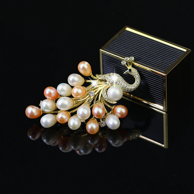 Elegant Peacock Copper Brooch Pin Accessories Zircon Imitation Pearl Corsage Jewelry Needle