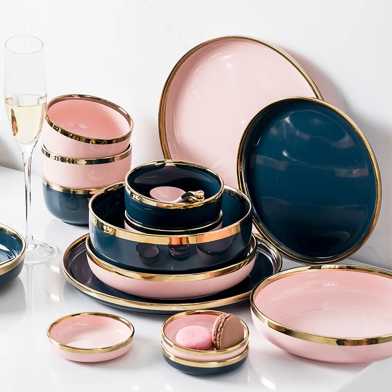 German porcelain marble luxury dinnerware tableware gold rim pink and green restaurant ceramic plates dishes sets modern