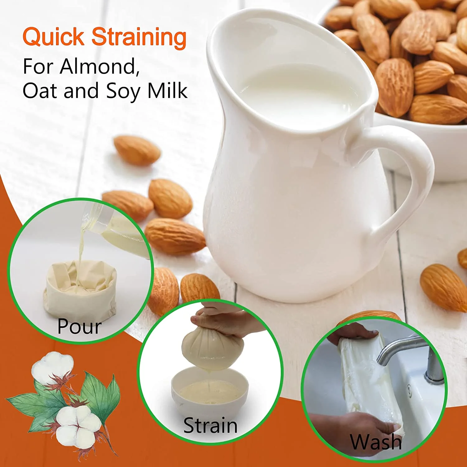 Food Grade Reusable Liquid Organic Cotton Filter Mesh Bag For Nut Milk/Coffee/Tea Filter Hemp Nylon  Washable