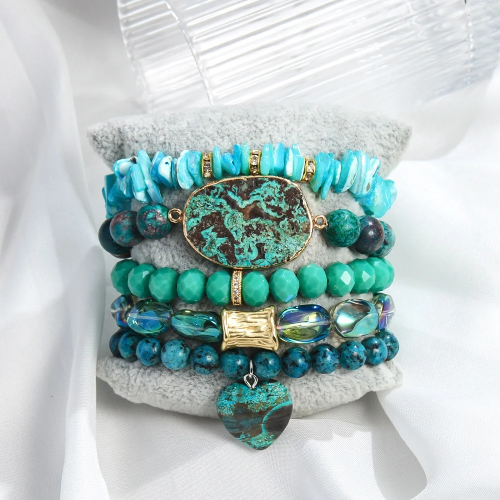 Summer Bohemian Natural Stone Glass Bead african turquoise Elastic Bracelet Flat Emperor Stone Charm 5pcs Stack  Bracelet Set