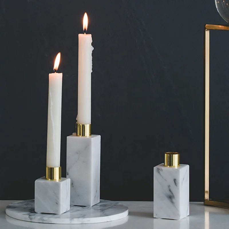 
Polished durable pillar white marble tea light holder with brass accents 