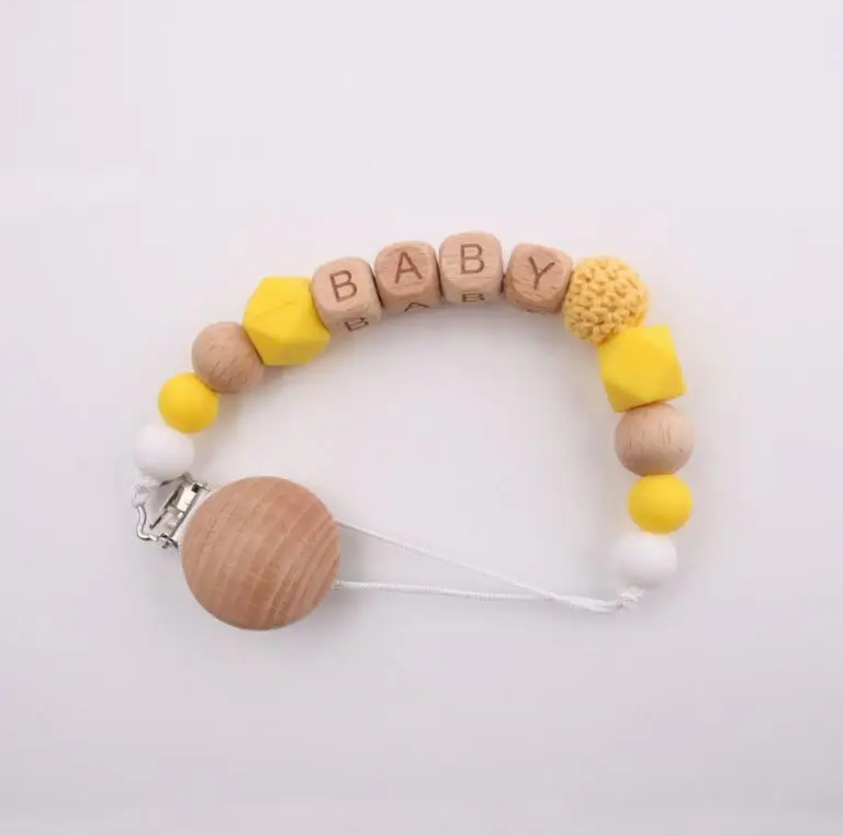 Silicone beech wood new baby teething relief pacifer holder clip toy