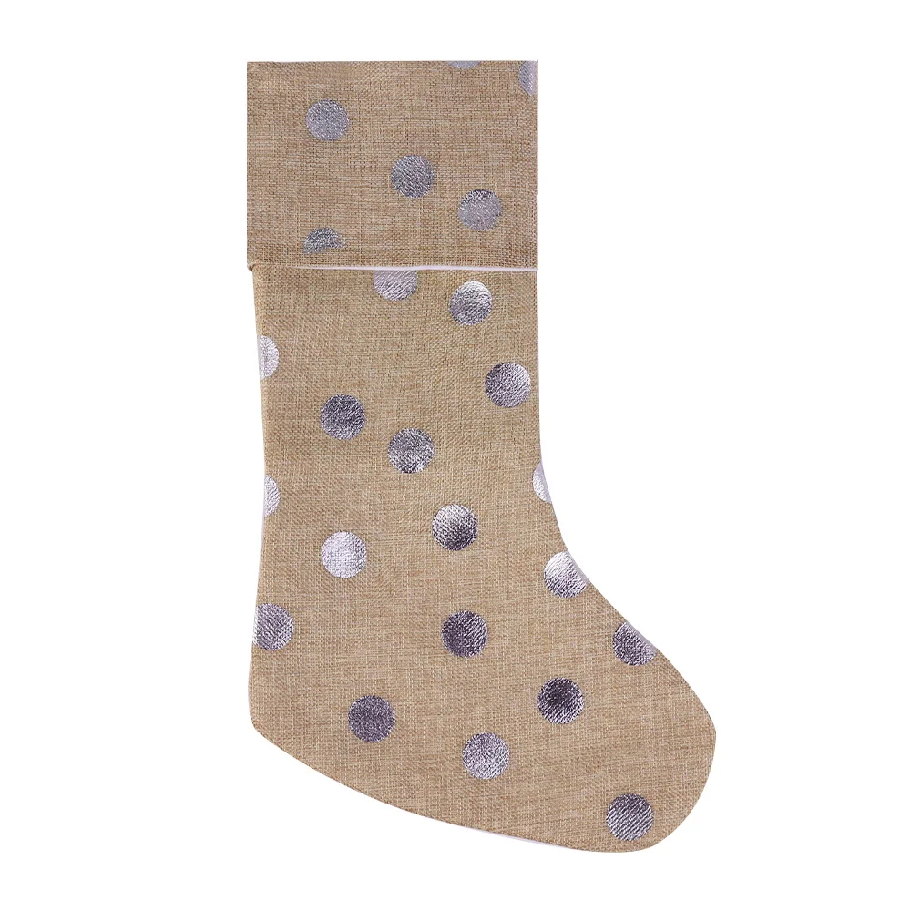 BSCI jute canvas socks Christmas New Year party supplies gift ideas winter sliver light reflecting polka dots Xmas stocking