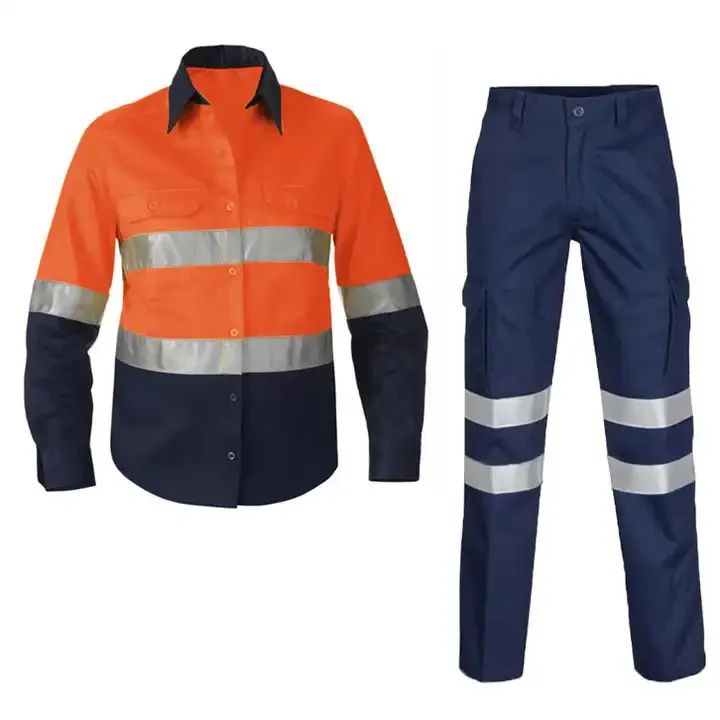 Wholesale polyester Mens Reflective Shirts and Pants Orange long sleeves  high quality safety work wear uniform for men