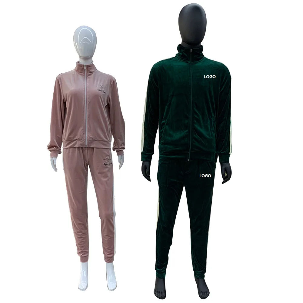 Custom Logo Side Stripe Unisex Velour Sweatsuit 2 Piece Jogger Set Couple Patchwork Track Suit Velvet Tracksuit For Men Women