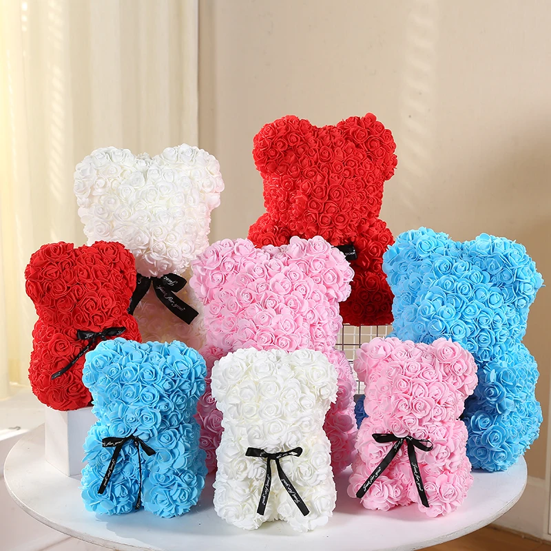 Hot Sale Amazon Artificial Flower Wholesale Valentine Christmas Gift 25cm Foam Flower Teddy Rose Bears with Box 25cm