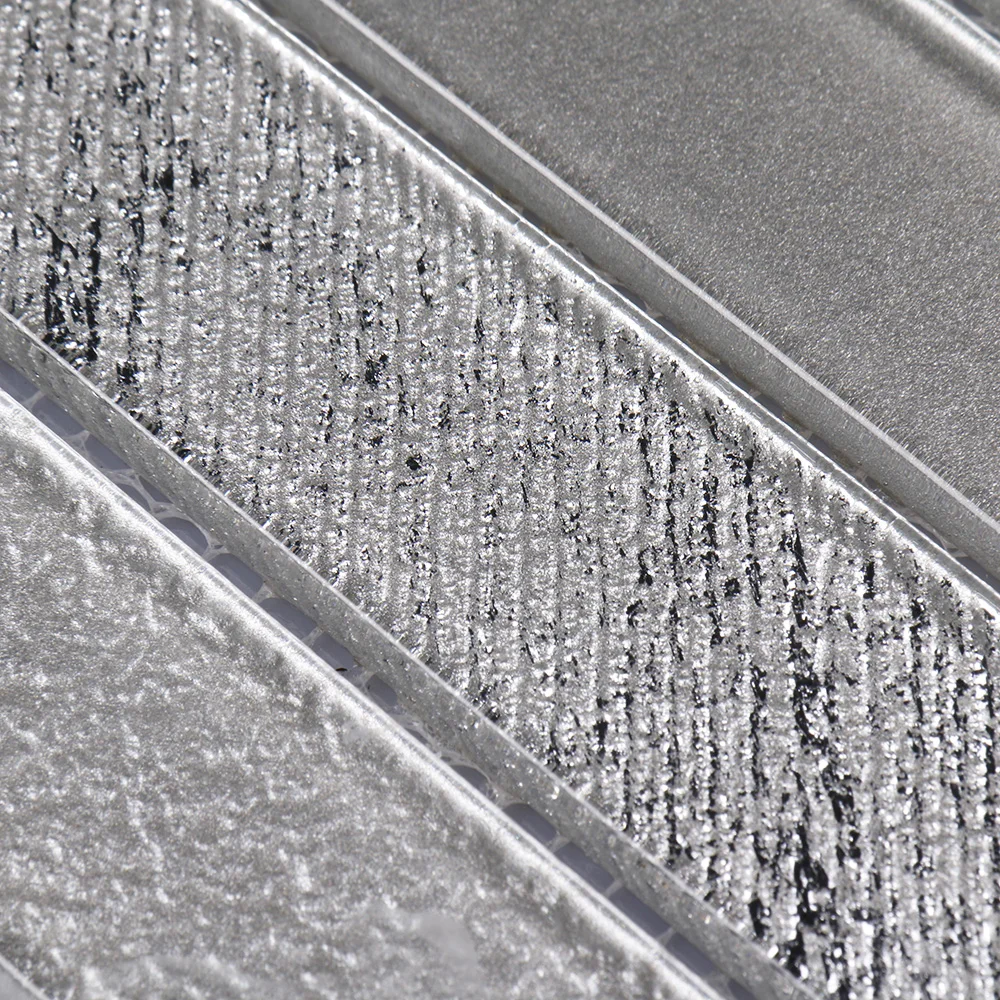 Luxury style waterjet chevron fishbone shape silver glass mosaic tiles