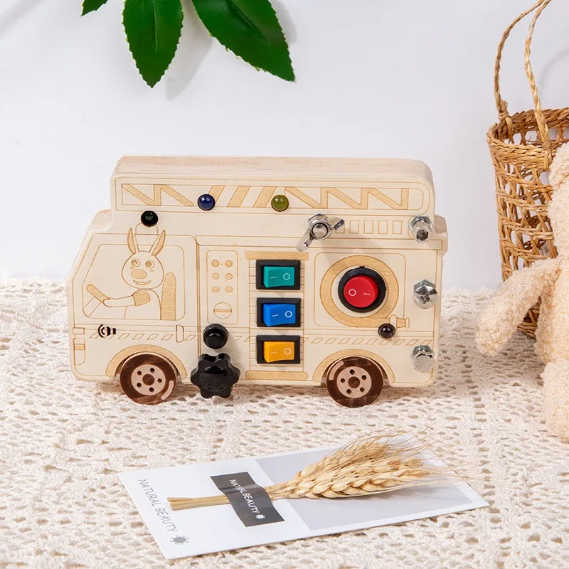 High Quality Unisex Montessori Busy Board Toy LED Light Educational School Bus Toy Kids Wood-Made Color Cognition Toy New
