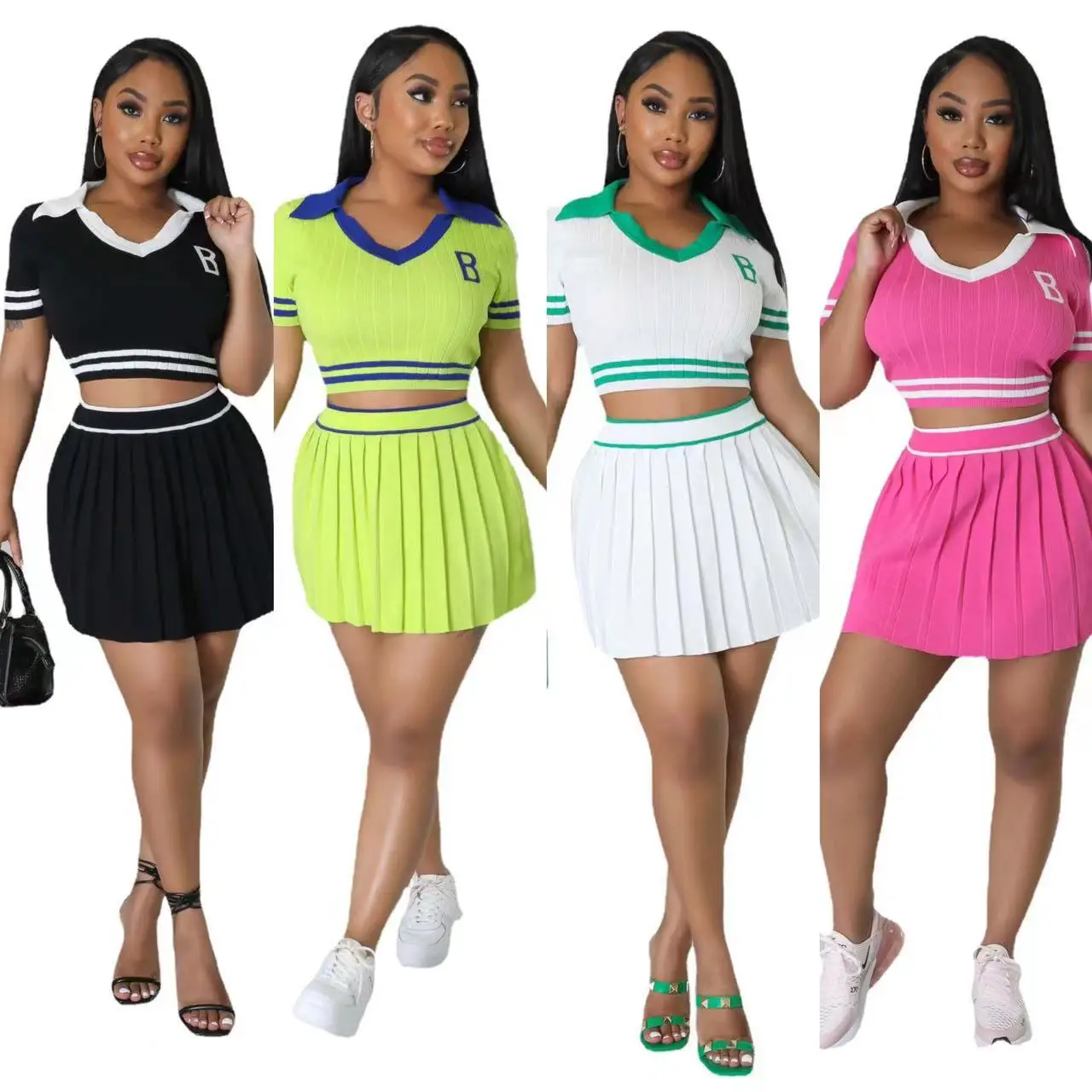 High Quality Knitted Fabric Contrast Color V Neck Ladies Crop Top And Pleated Tennis Skirt 2 Piece Set For Women Active Wear