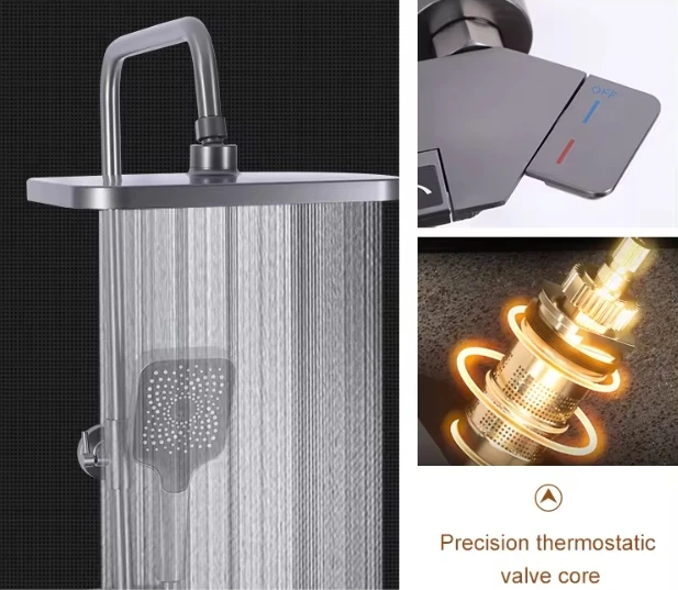 2024 Wall-mounted Black Piano Thermostatic Faucet Mixer Shower Set Digital Bathroom Brass Modern Oval Waterfall Faucet Polished