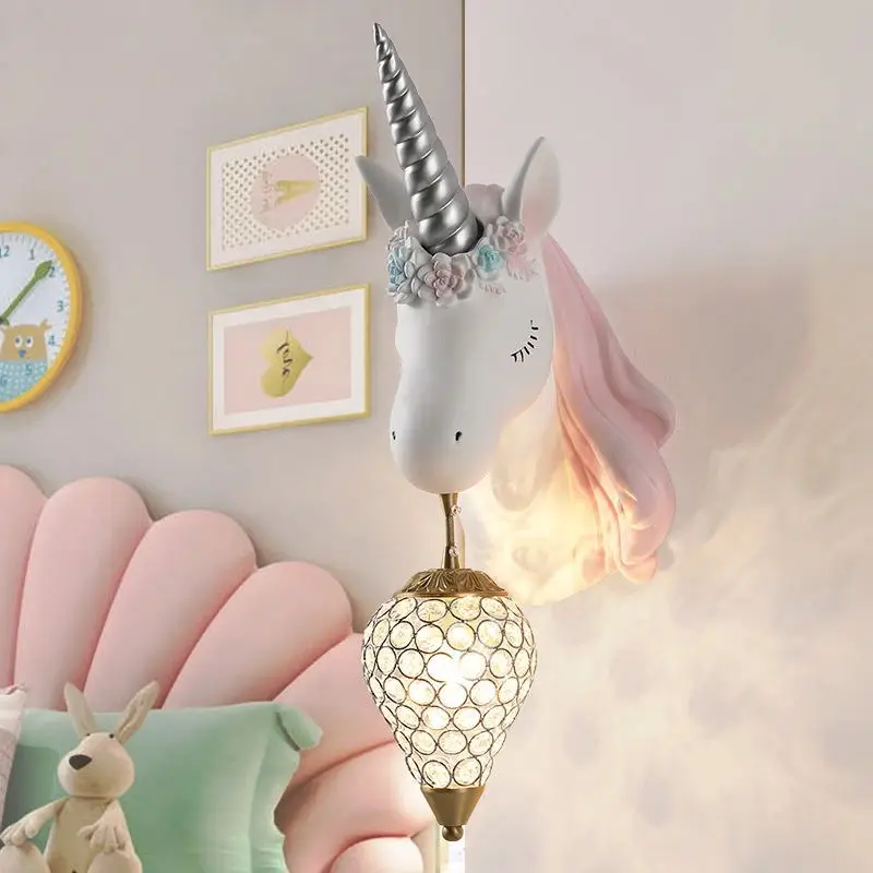 Nordic Simple Lovely Unicorn Led Wall Lamp Bedroom Bedside Lamp Girl Pink Creative Room Sconce Wall Lights Cartoon Unicorn Lamp