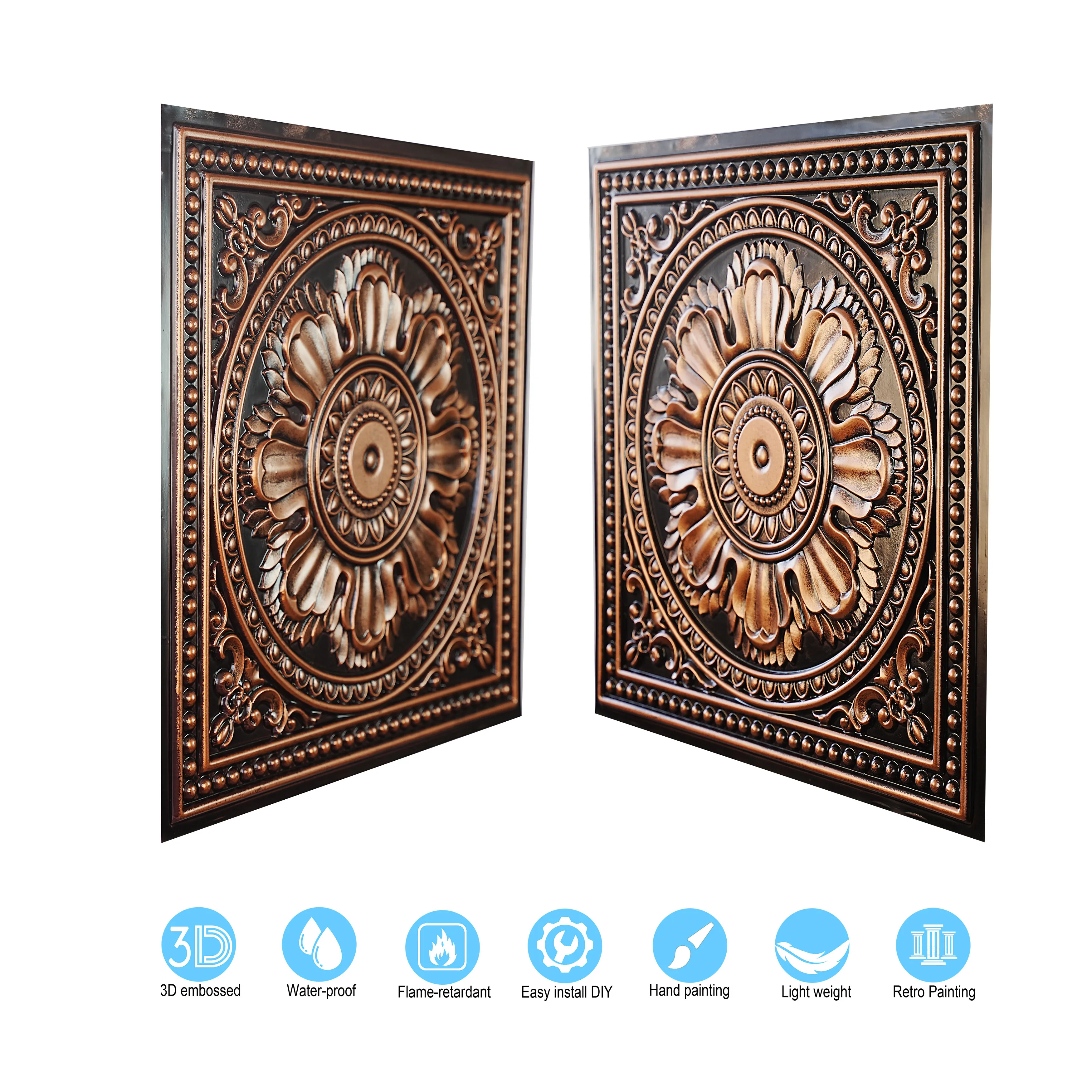 Faux Painting Ceiling Tiles PVC Tin Ceiling Panel Artistic 3D Ceiling Tile for Cafe Club PL17 Traditional copper PAINTSDECOR