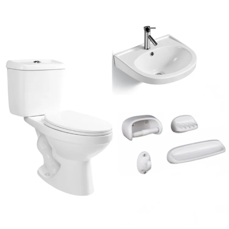 South American Market Hot Selling sanitary ware Siphonic 2-piece Toilet Wash Basin Bathroom Accessories Ceramic Bathroom Set