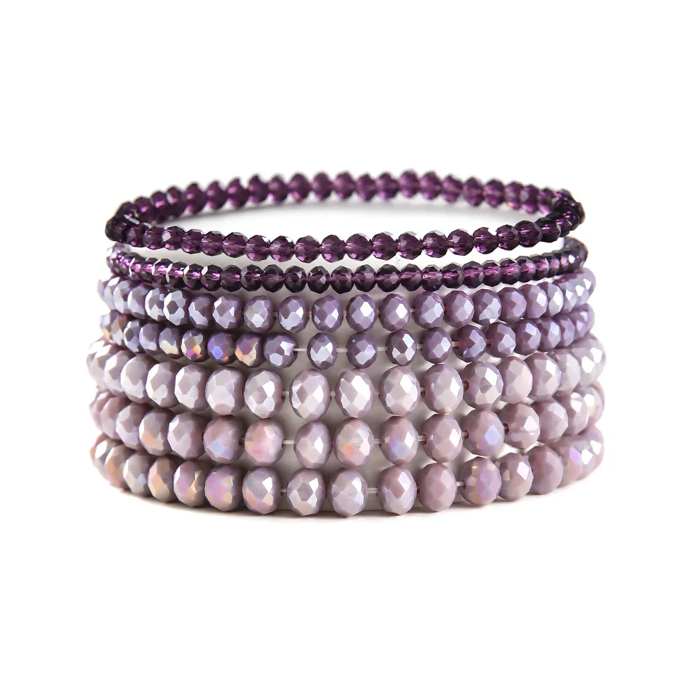 7pieces Per Set Different Size Crystal Beads Faceted Glass Beaded Same Color tone Stretch Bracelets Set