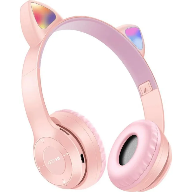 Blue BT tooth Cat Ears Kids Headphones with Mic Wireless Foldable Headphones with LED Lighting and 85db Volume Limit for School