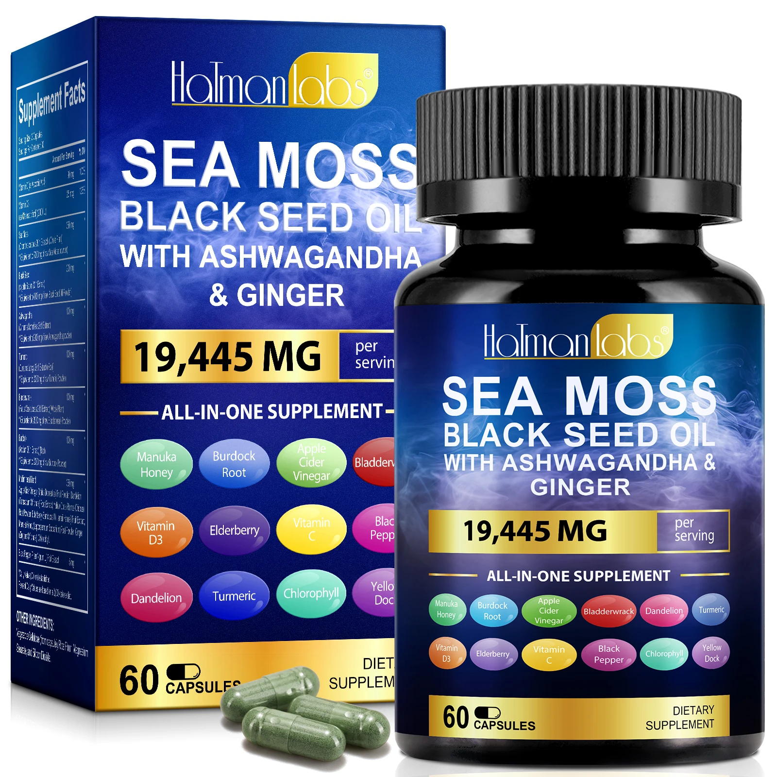 Hatmanlabs 60 capsules sea moss supplement sea moss capsules black seed oil sea moss ashwaganda capsules