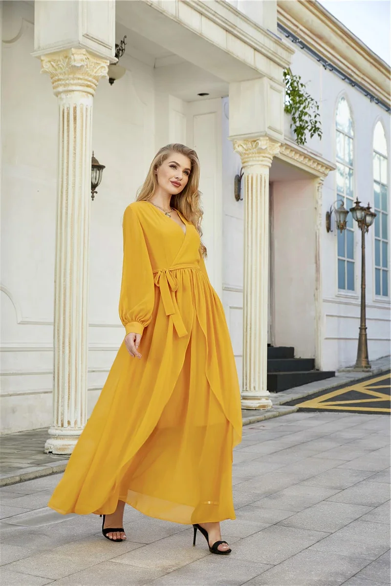 2021 New Womans Fashion Lady Yellow Chiffon Ruffle Ladies Maxi Long Dress Women Elegant Summer occasion Casual Dresses