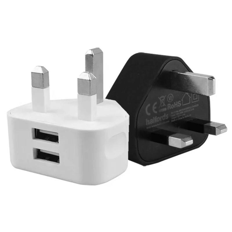 Factory price Black white USB UK Wall Charger Plug 5V 2.1A 3 pin phone charger ABS UK dual usb charger