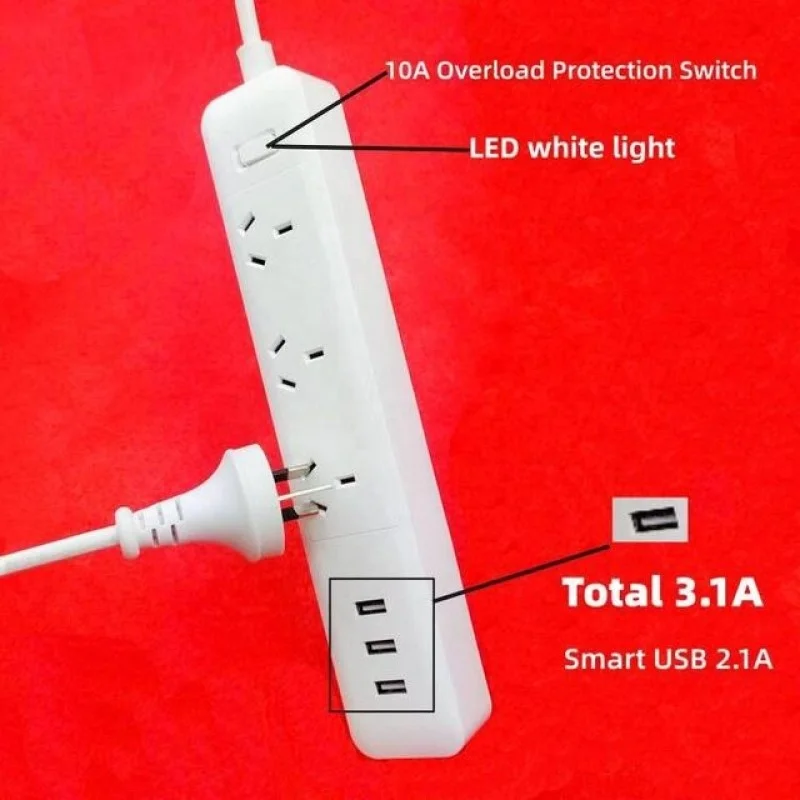 AU NZ AR Standard Power Strip 3 USB Port 3 Outlets Simple Design Power Bar with Switch Residential Commercial Use 1.8m