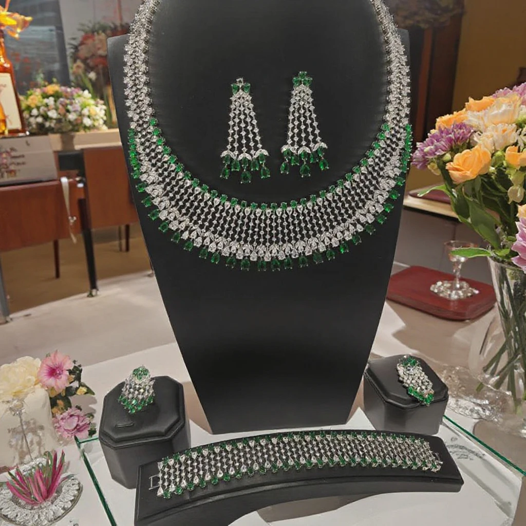 Wholesale India Dubai Gold Anniversary Jewelry Set Beautiful Bridal Wedding Necklace Women Necklace Emerald Jewelry Set