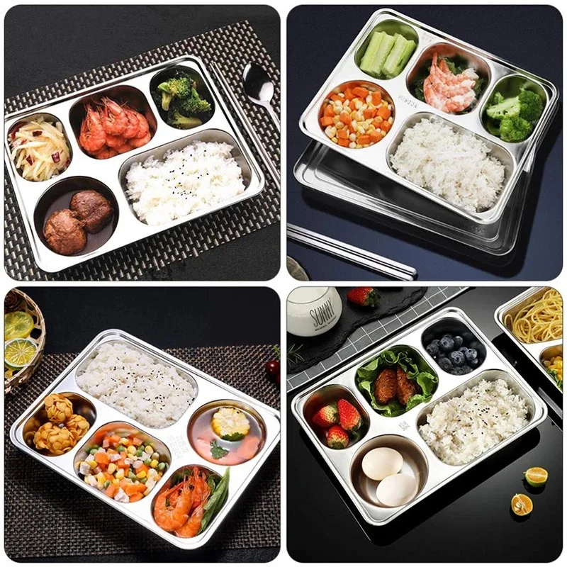 Durable Plate For Outdoor Camping Dinning Room Picnic Barbecue School Rectangular Divided Tray 304 Stainless Steel Dinner Plate