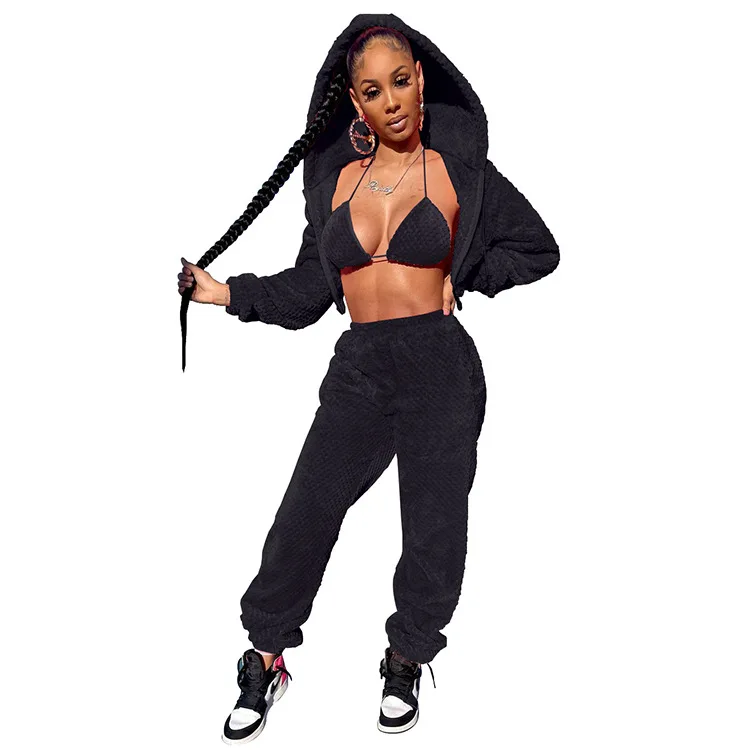 High quality women winter clothes plush Bra jacket high waist pants jogger sweatsuit sweatpants women sweat suit set