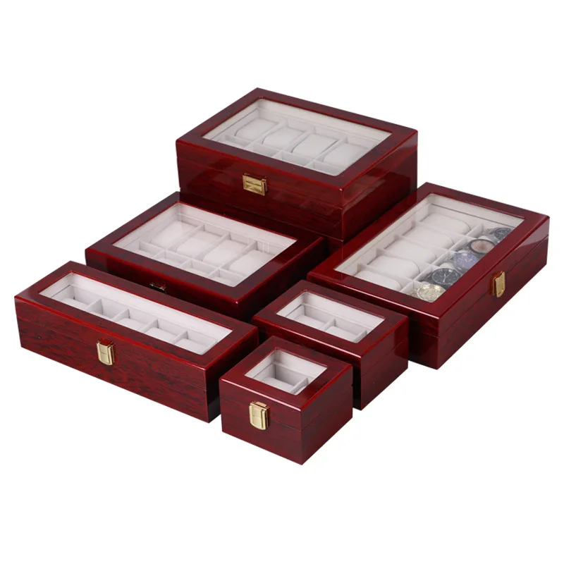 Hot Selling 3 Slots Glossy Mahogany Lacquer Solid Wood Watch Bracelet Packaging Storage Box With Glass Lid
