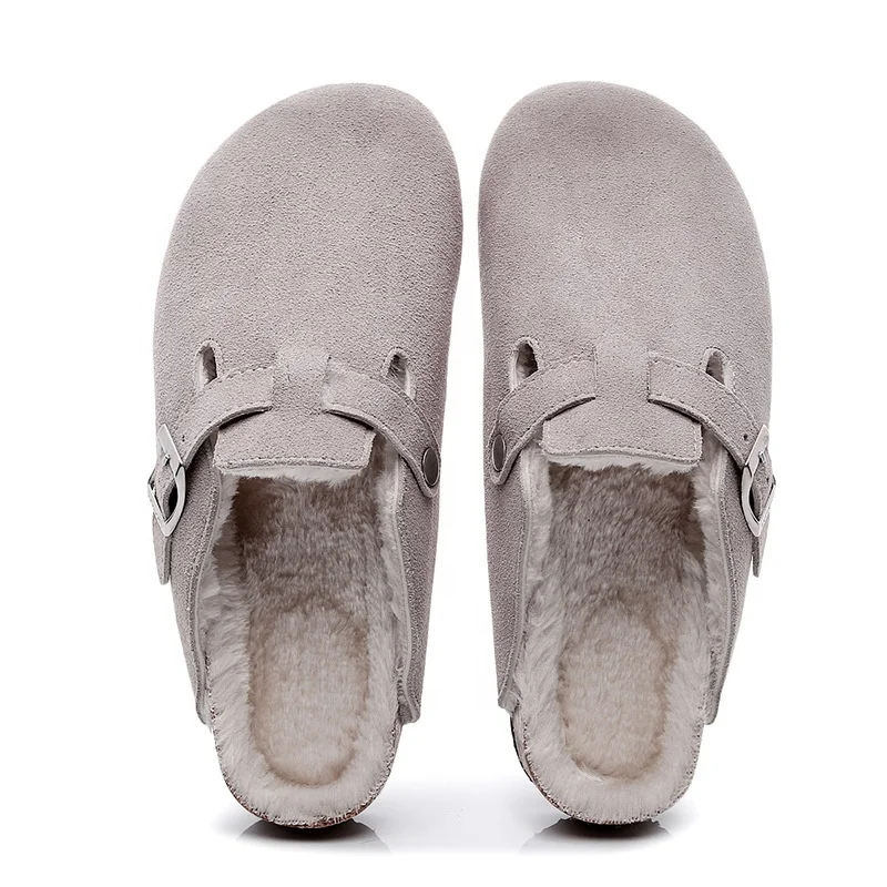Winter Indoor Outdoor Warm Plush Lined Slip-on Closed-toe Shoes Slippers Faux Fur Lining Cork Clogs