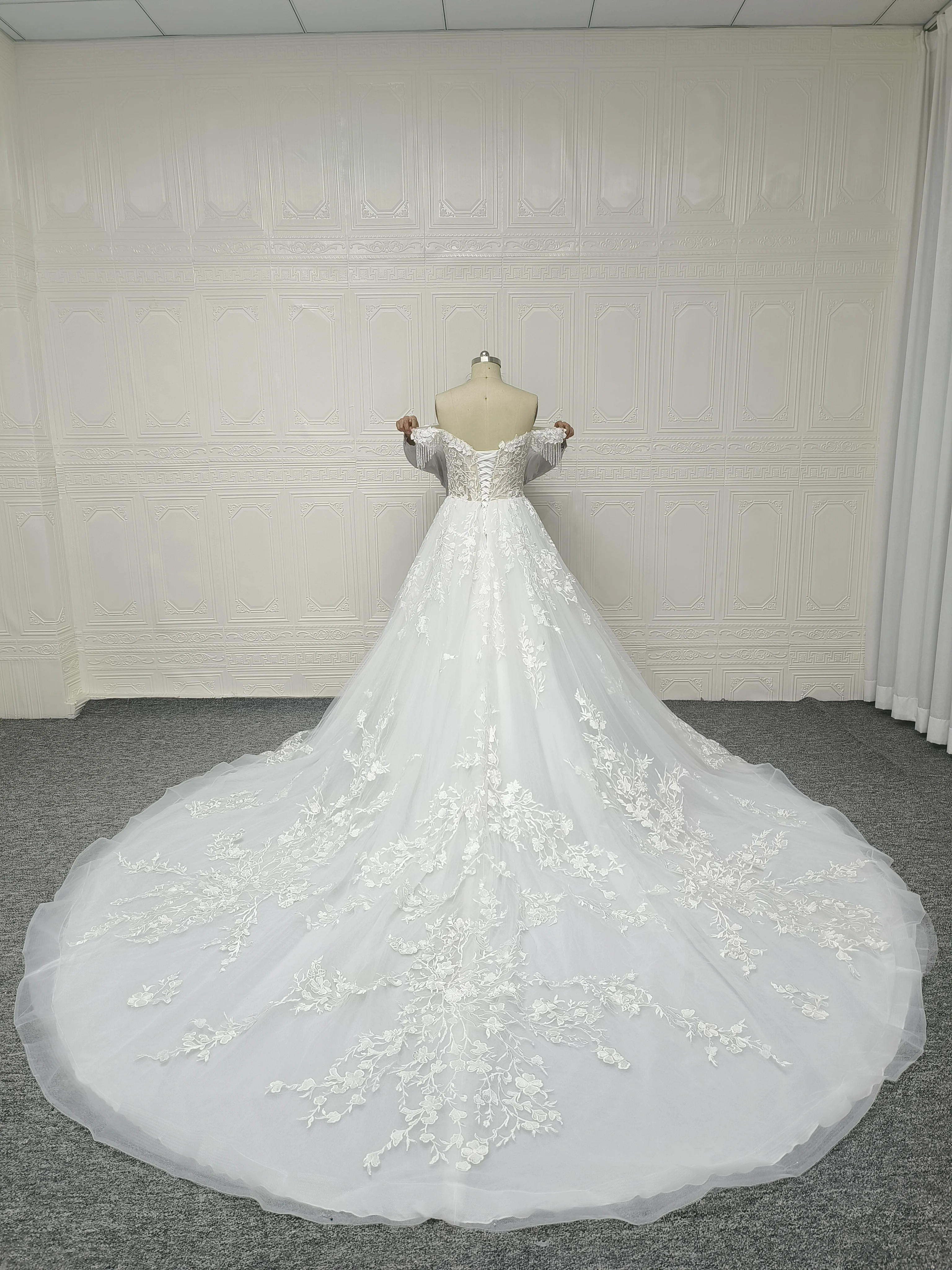 QUEENS GOWN bridal dress off-shoulder tassel deep v neck 3D flower lace A-Line elegance bridal wedding dress