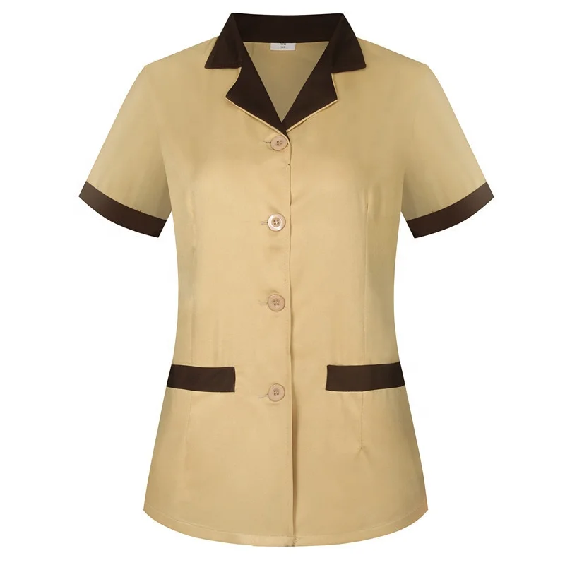 RX  Custom your brand color patchwork short sleeve shirt hotel uniform staff uniform hotel housekeeping hotel uniforms