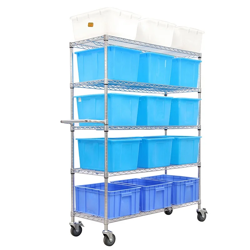 5-layer chrome color wire mesh shelf heavy duty storage rack with 4 inches casters for industrial using