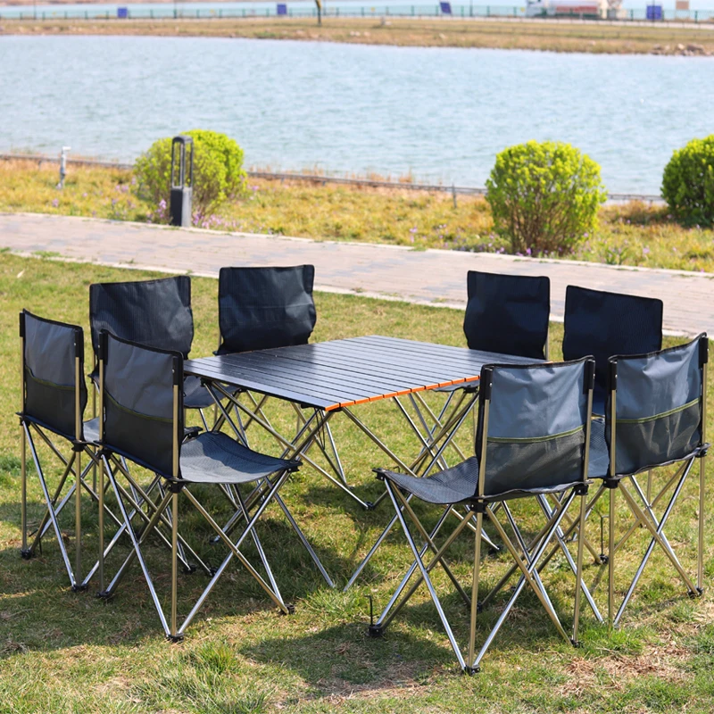 TWROAD super large portable outdoor camping foldable folding chair stainless steel  9-piece set mahjong chess table chairs