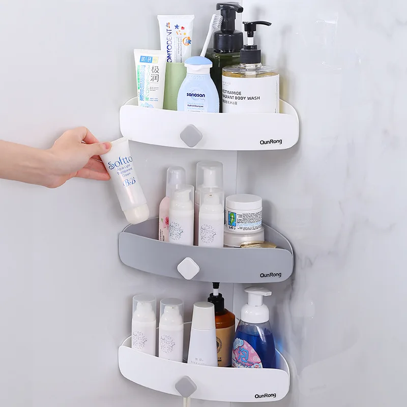 Factory Wholesale Plastic Kitchen Bathroom Shelf With Hook No-punch Adhesive Wall Hanging Triangle Corner Rack
