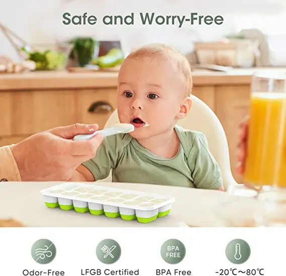 Stackable Ice Trays with Covers Ice Cube Trays 4 Pack Easy Release Silicone 14 Ice Cube Trays with Spill Resistant Removable Lid