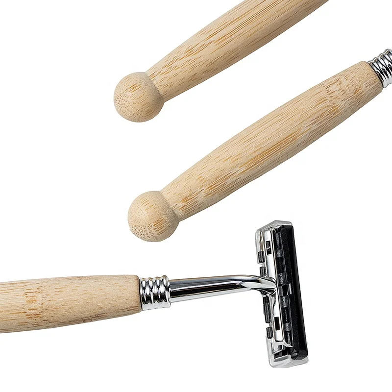 Smooth handle good polished Natural bamboo Handle biodegradable Razor With  twin or triple Blades Refill