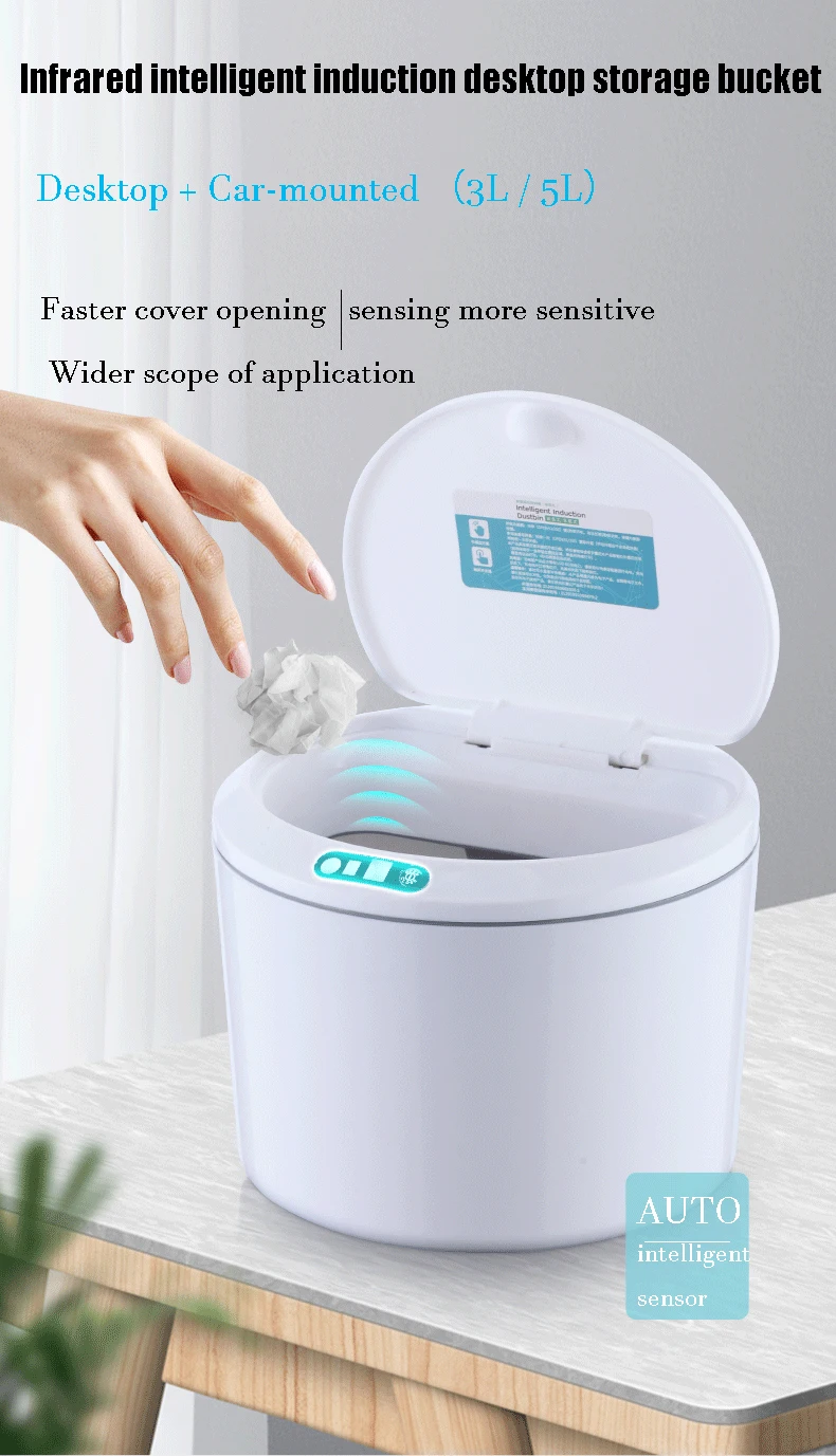 Touchless Mini Storage Box Trash Bin with Lid Smart Plastic Intelligent Automatic Sensor Kitchen Cabinets Garbage Can Office