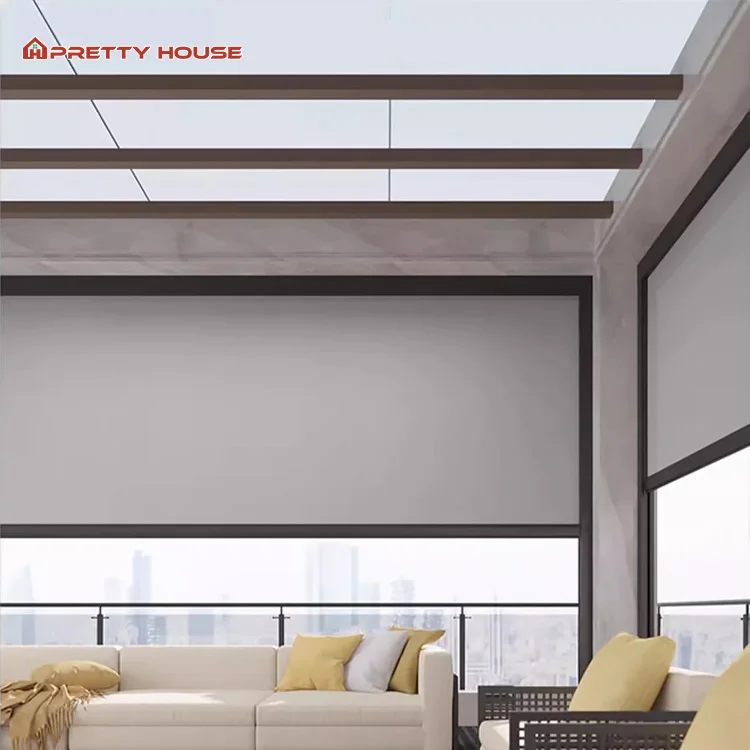 Custom Made Zip Screen Patio Blinds Sun Shade Vertical Motorized Zip Screen Outdoor Roller Blind for Pergola
