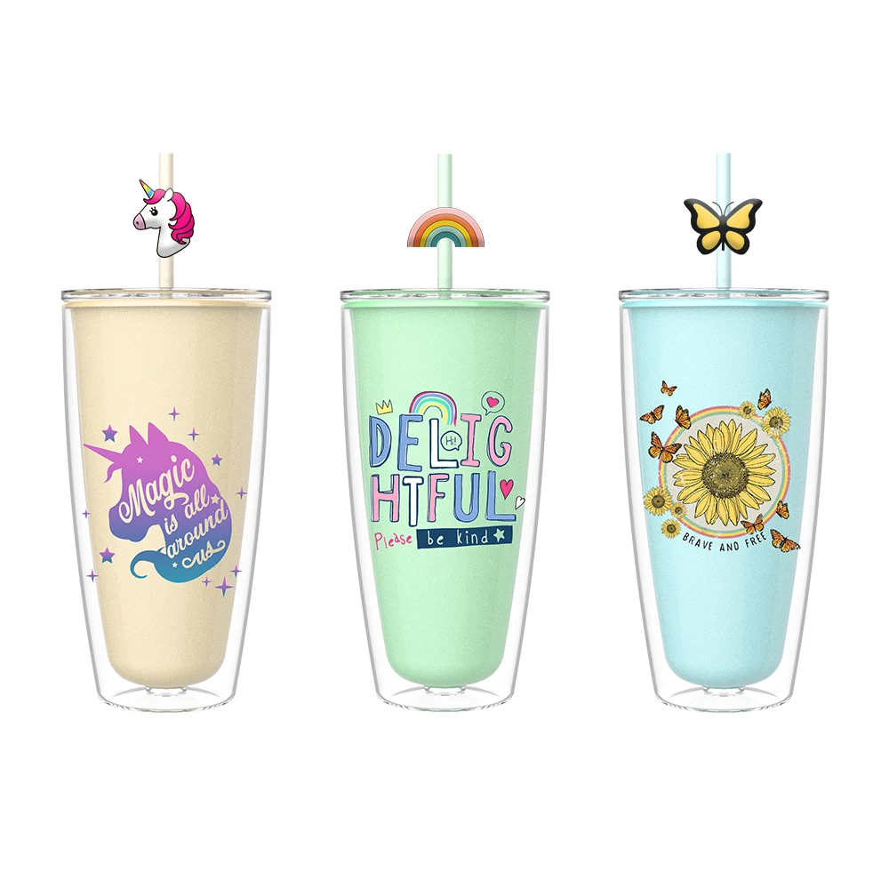 Factory Custom Logo double wall 24oz reusable tumblers straw glitter plastic cup with straw