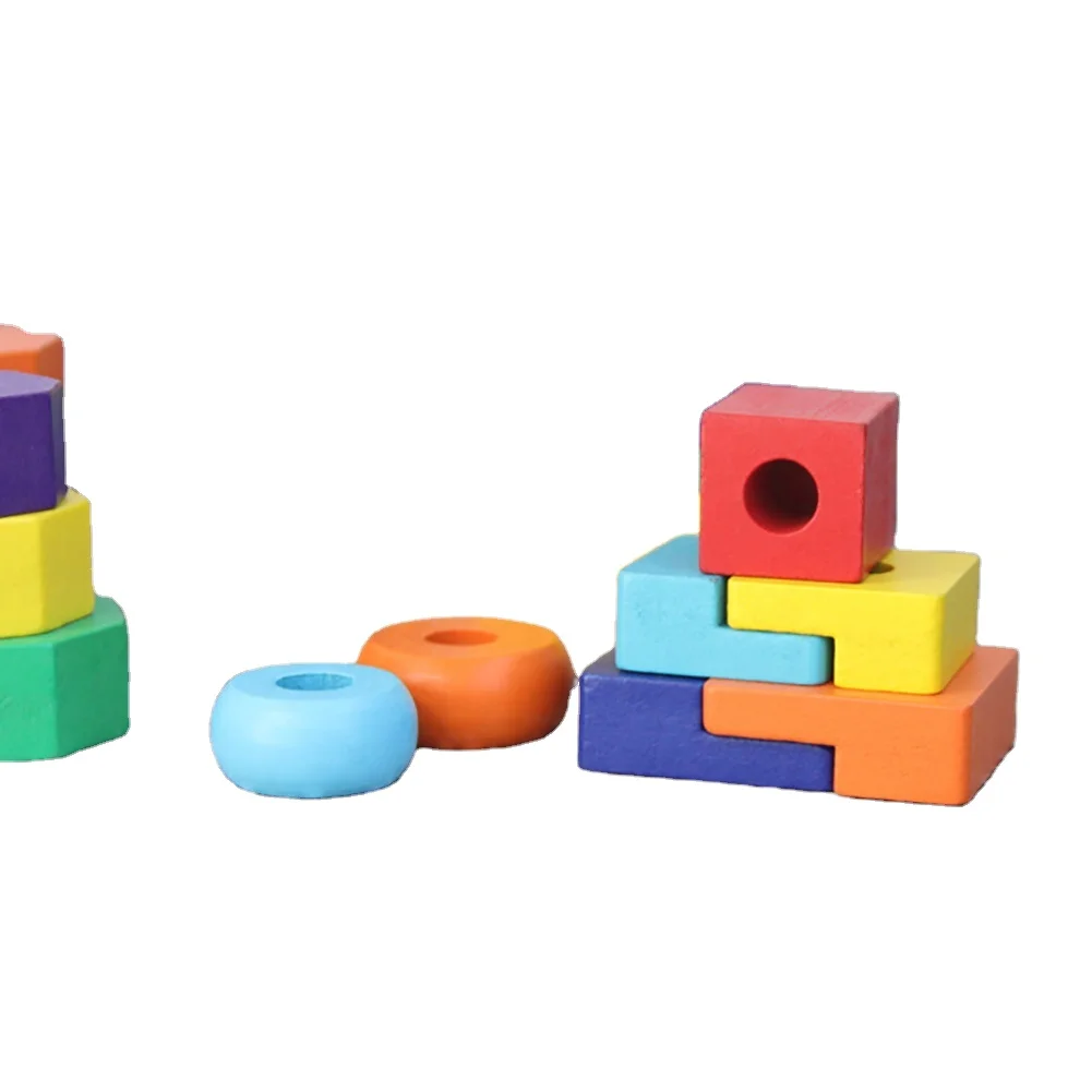 Wholesale Wooden Geometric Shape Stacker Sorting Board Rainbow Tower Small Three Pillars Tower Of Hanoi Puzzle Game For Children