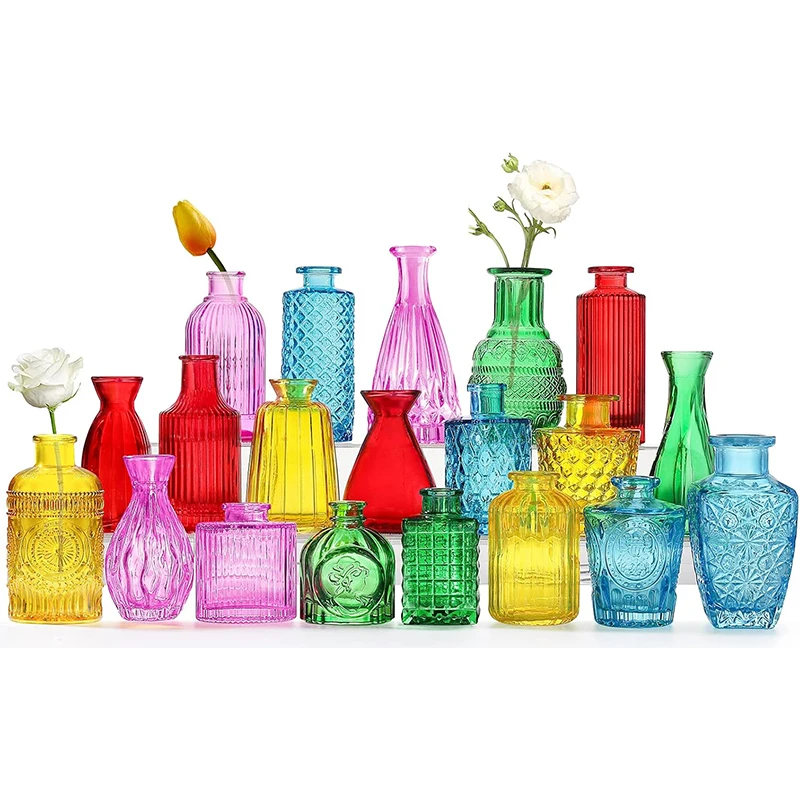 Glass Colorful Bud Vase Small Flower Vases Mini Vintage Vase for Centerpieces Rustic Wedding Holiday Party Table Flower Decor