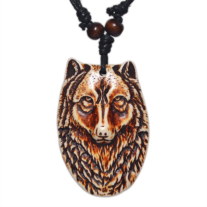FX022 Wolf Totem Necklace Maya Pendant Wolf Head Choker Retro Jewelry Tribal Style Imitation Yak Bone Necklace Amulet Gift