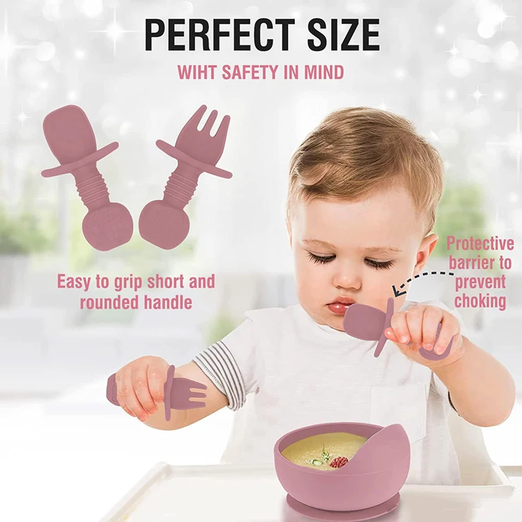 BPA Free Silicone Toddler Kids Tableware Suction Plate Bowl Bib Fork Spoon Cup Baby Feeding Tableware Dinner Set