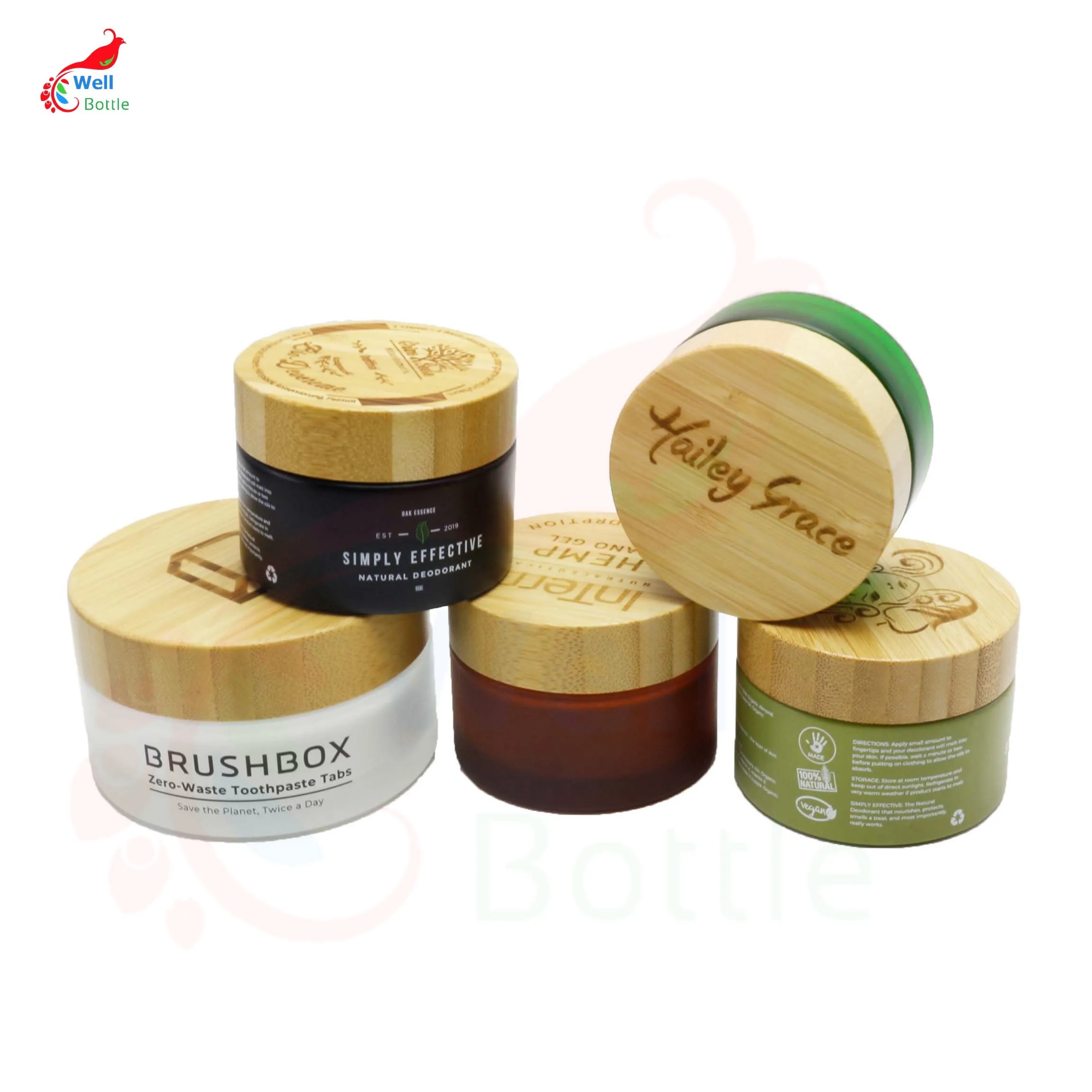 5 г 15 30 50 100g прозрачный зеленый Янтарная Косметическая матовые стеклянные банки бамбуковая упаковка с бамбуковой крышкой