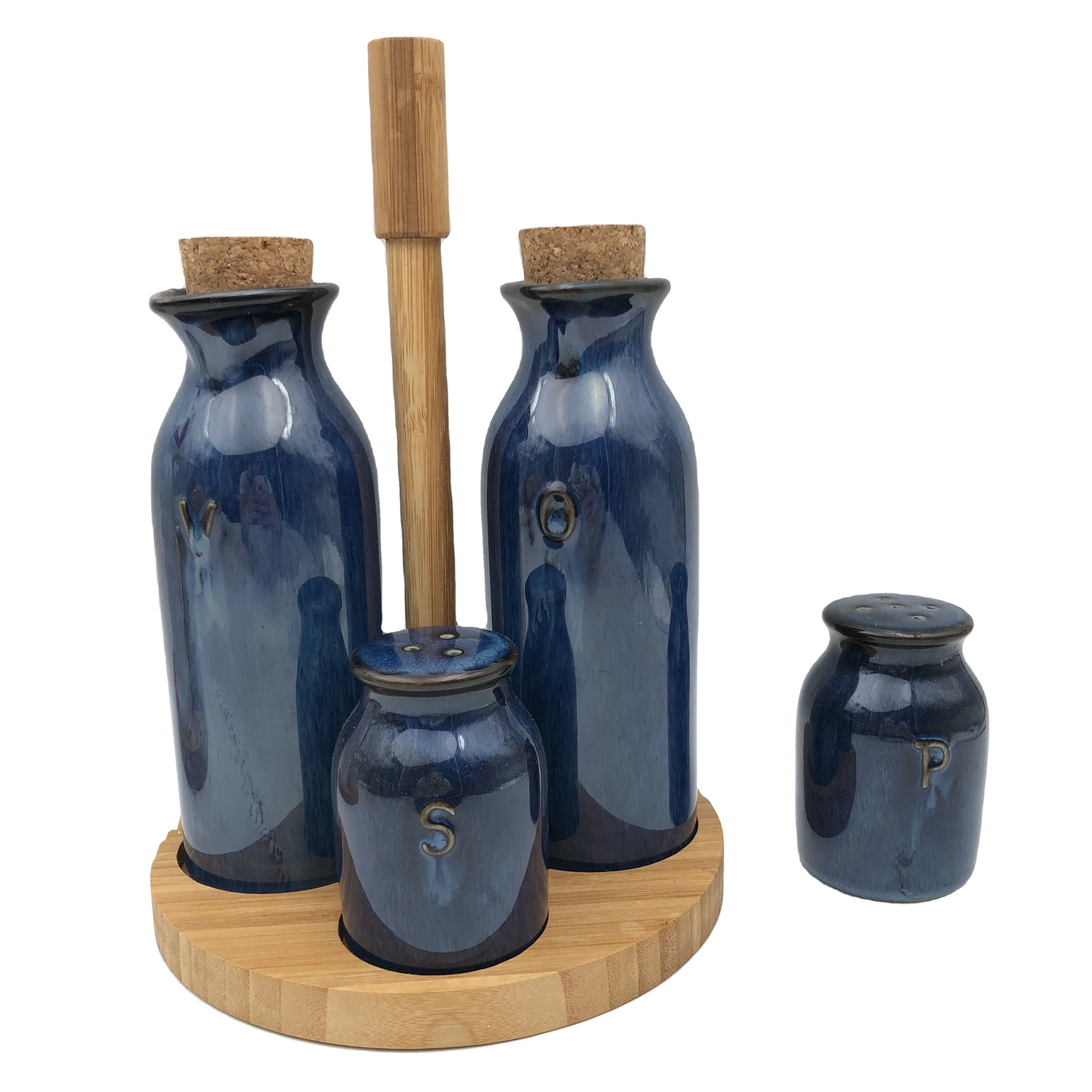 Good quality ceramic oil and vinegar set with bamboo tray