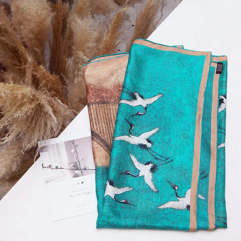 Crane Double Side Printed 100% Silk Scarf Square Stylish Women Scarves Shawl
